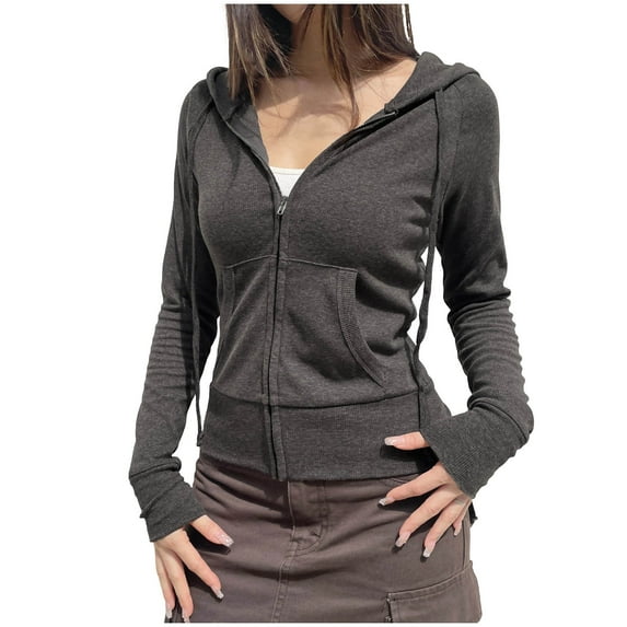 SMihono Women Y2k Zip Up Hoodie Vintage Aesthetic Slim Fit Crop Top Hooded Sweatshirt Fairy Grunge Aesthetic Clothes Gray S