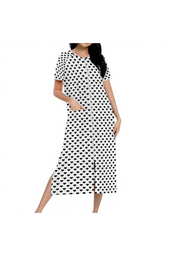Women Zipper Robe Raglan Heart Print Short Sleeve Bathrobes Lightweight Knee Length Housecoat Sleepwear with Pockets White L