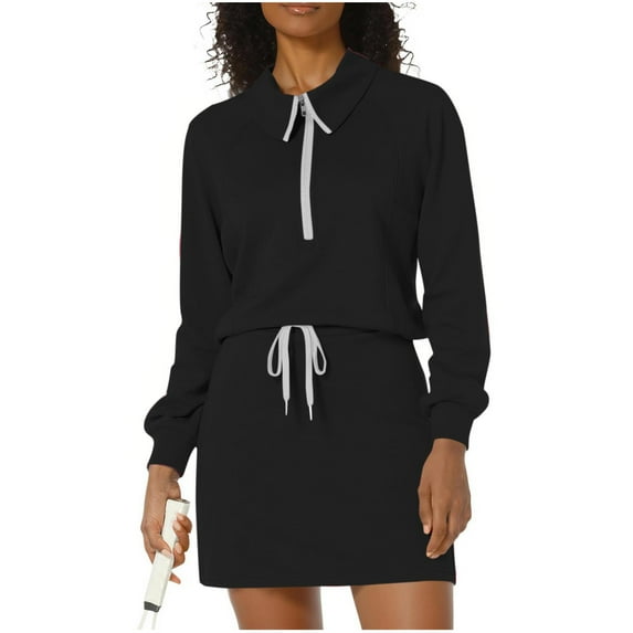 SMihono Women's 2 Piece Skirt Sets Athletic Tennis Tracksuit Half Zip Long Sleeve Sweatshirt Drawstring Skort Casual Outfit Black L