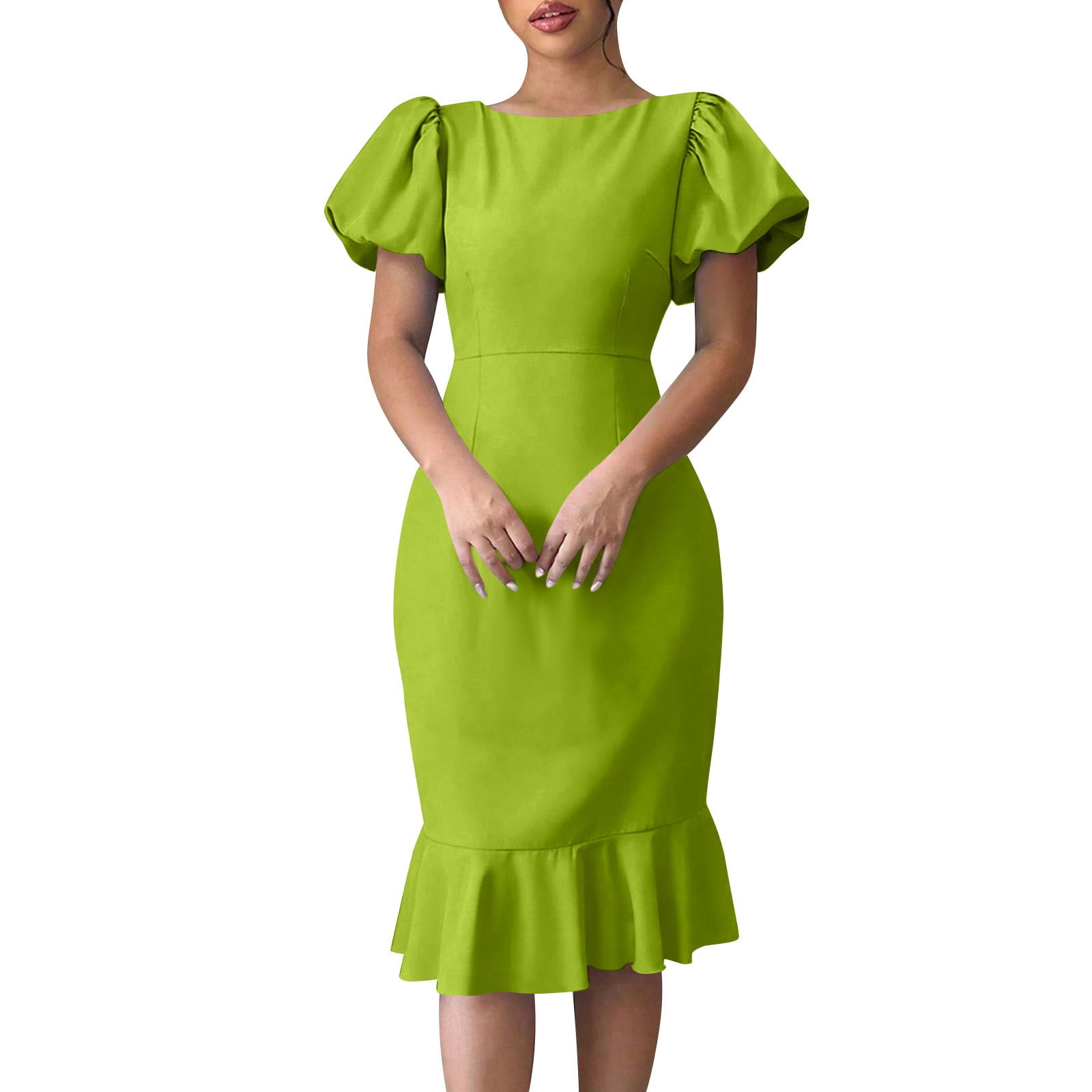 SMihono Women's 2025 Sexy Bodycon Dress Elegant Solid Color Puff Short  Sleeve with Ruffle Hem Dress Going Out Knee Length Dresses Green S -  Walmart.com