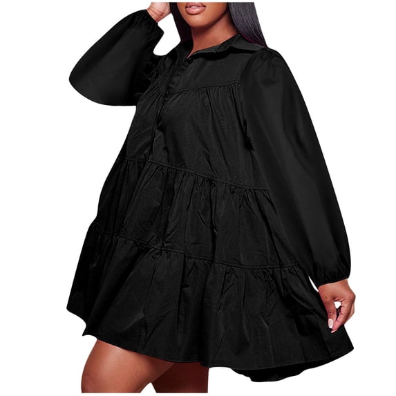 SMihono Women's 2025 Spring Cute Babydoll Ruffle Hem Puff Sleeve Dress Loose Plus Size Shirt Dresses Buttons Lapel Pleated Dress Black 14