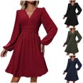 thumbnail image 1 of SMihono Women's 2025 Spring Fall Midi Dress V Neck Long Sleeve Dots High Waisted A-Line Boho Cocktail Maxi Dress for Travel Army Green XL, 1 of 8