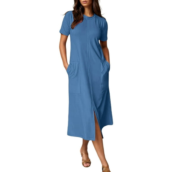 SMihono Women's 2025 Summer Casual Midi Dress Short Sleeve Crewneck T Shirt Beach Front Slit Vacation Fall Long Dresses Blue L