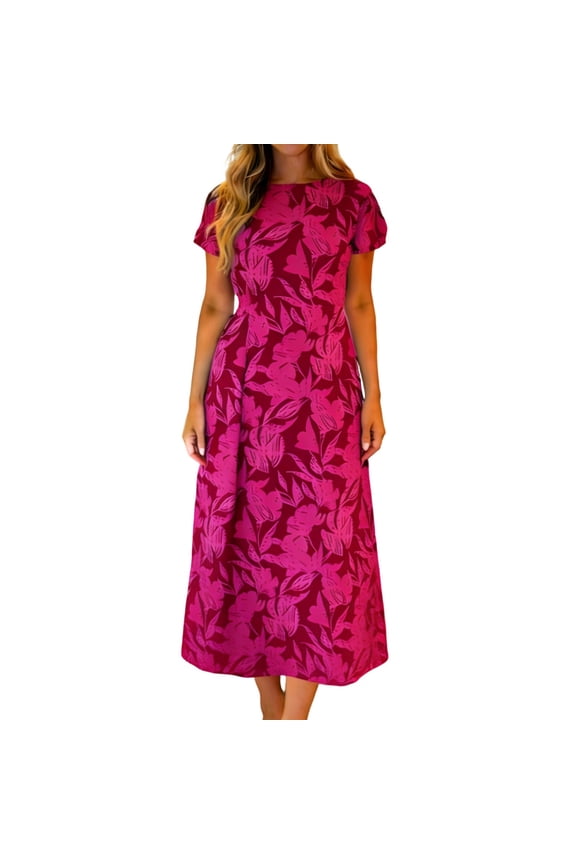 Women's 2026 Spring Casual Flutter Short Sleeve Boho Floral Maxi Dress Crew Neck Smocked Tiered Long Dresses Hot Pink XXL
