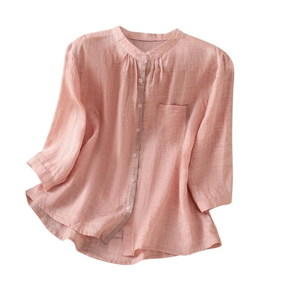SMihono Women's 3/4 Sleeve Mandarin Collar Button Down Linen Tunic Tops Loose Fit Blouse Shirts with Pocket Pink 6