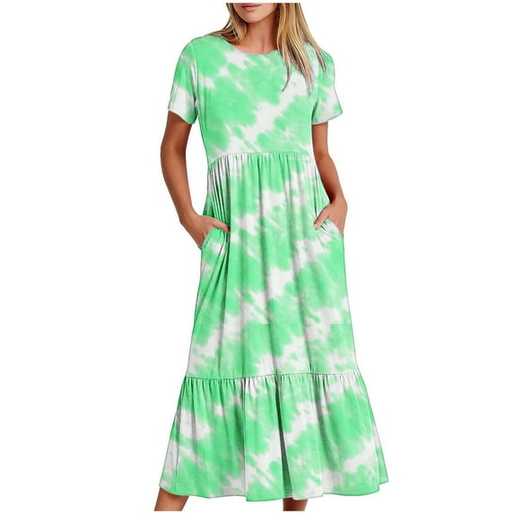 SMihono Women's Boho Striped Flowy A Line Midi Dress Tie-dye Casual Summer Short Sleeve Beach Vacation Dresses with Pockets Green L