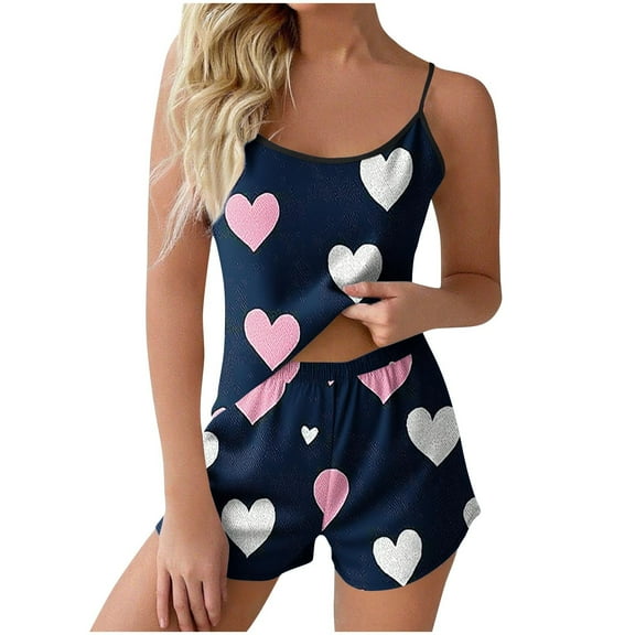 SMihono Women's Camisole Pajamas Set - Floral Print Sleeveless Tank Top with Shorts Soft Sleepwear Cute 2 Piece Lounge Sets Dark Blue S