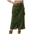 thumbnail image 1 of SMihono Women's Casual Button Jean Skirt High Waist Stretch Long Denim Skirts Front Slit Elastic Flap Pockets Midi Skirts Army Green 10, 1 of 5