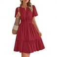 thumbnail image 1 of SMihono Women's Casual Dresses 2025 Summer Fall V Neck Short Sleeve Sundress Smocked Waist A Line Tiered Mini Dress Wine S, 1 of 8