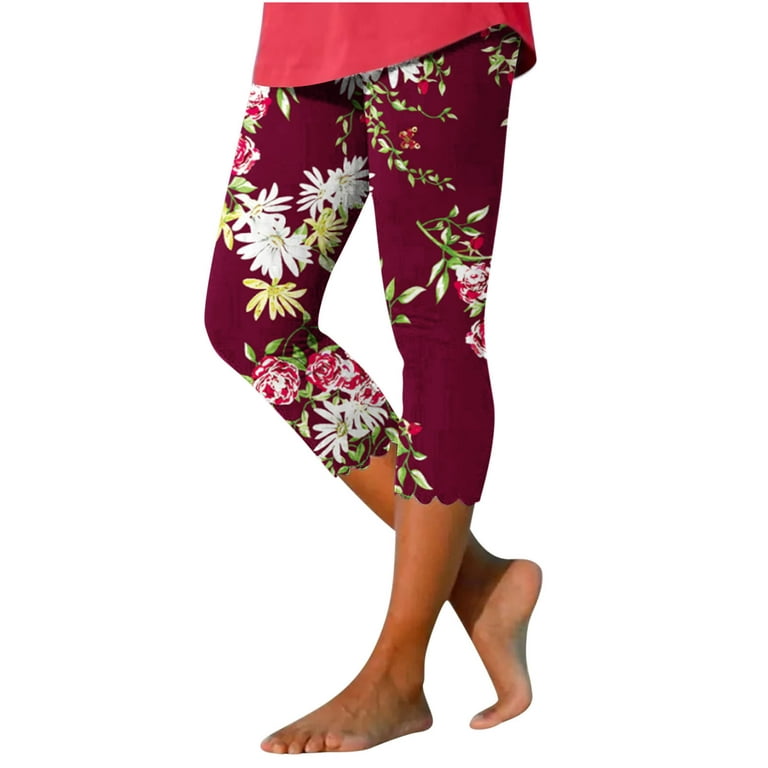 SMihono Women's Casual Elastic Waist Printed Cropped Beach Pants 2023  Trendy Summer Autumn Holiday Leggings Yoga Stretch Pants Cargo Capris Wine  12