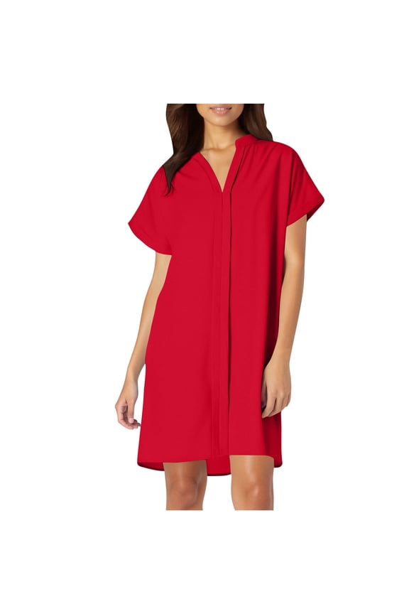 Women's Casual Notched V Neck Short Sleeve Solid Short Tunic Dress 2025 Summer Loose Fit Short Dress Red L