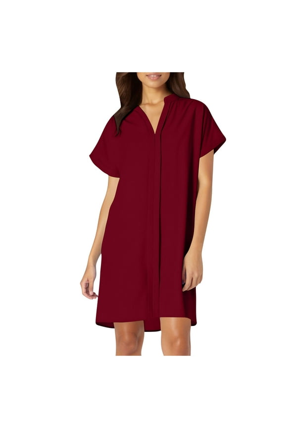 Women's Casual Notched V Neck Short Sleeve Solid Short Tunic Dress 2025 Summer Loose Fit Short Dress Wine M