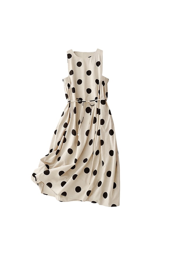 Women's Casual Polka Dot Printed Sleeveless Dress for Women Drawstring Waist Round Neck Flowy Party Midi Dresses Khaki XL