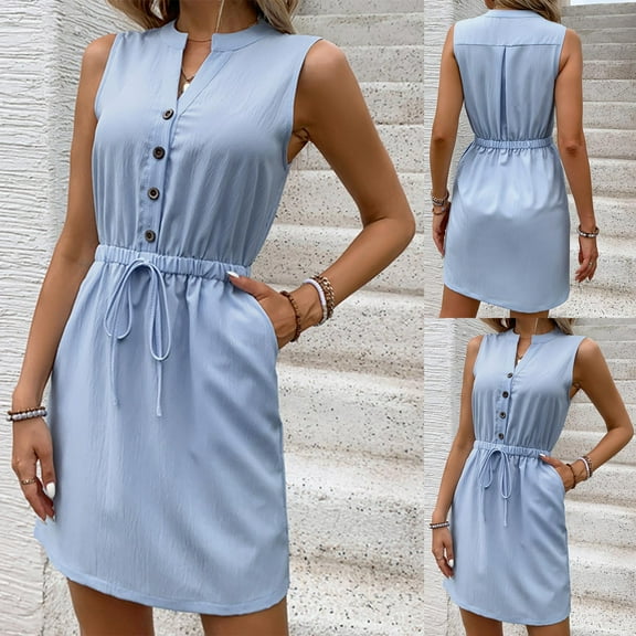 SMihono Women's Casual Sleeveless Summer Tank Dress Button Down Tie Waist A-Line Short Tee Shirt Dress for Women Blue S