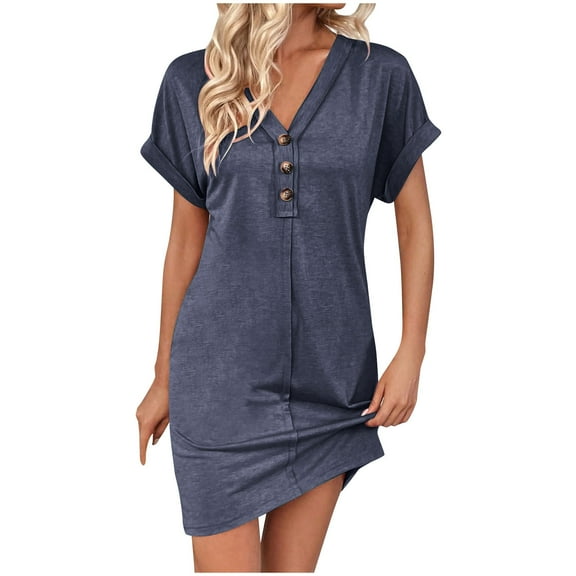 SMihono Women's Casual T Shirt Dress Button Up V Neck Tunic Dresses Summer Short Sleeve Mini Dresses Loose Sundresses Dark Blue L