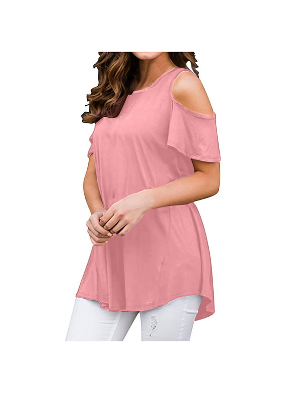 SMihono Women's Casual T-Shirts Peplum Tops Deals Off Shoulder Short Sleeve Tees 2023 Trendy Classic Solid Shirts Boat Neck Tops Ruffle Lightweight Breathable Comfy Blouse Workout Pink 10