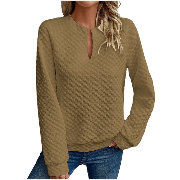 SMihono Women's Casual Textured Quilted Sweatshirts 2026 Spring Split V Neck Long Sleeve Solid Loose Pullover Tops Coffee L