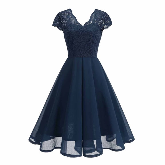 SMihono Women's Cocktail Dresses Lace Formal Wedding Guest Tea Party A Line Ruffle Mesh Elegant Prom Graduation Dress Navy XXL