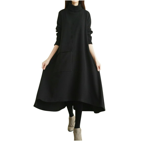 SMihono Women's Corduroy Shirt Dress Long Sleeve High Neck A-Line Pleated Maxi Long Dress Vintage Winter Warm Dress Black XL
