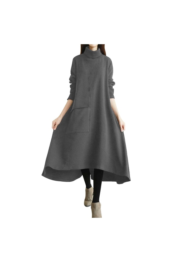 Women's Corduroy Shirt Dress Long Sleeve High Neck A-Line Pleated Maxi Long Dress Vintage Winter Warm Dress Gray L