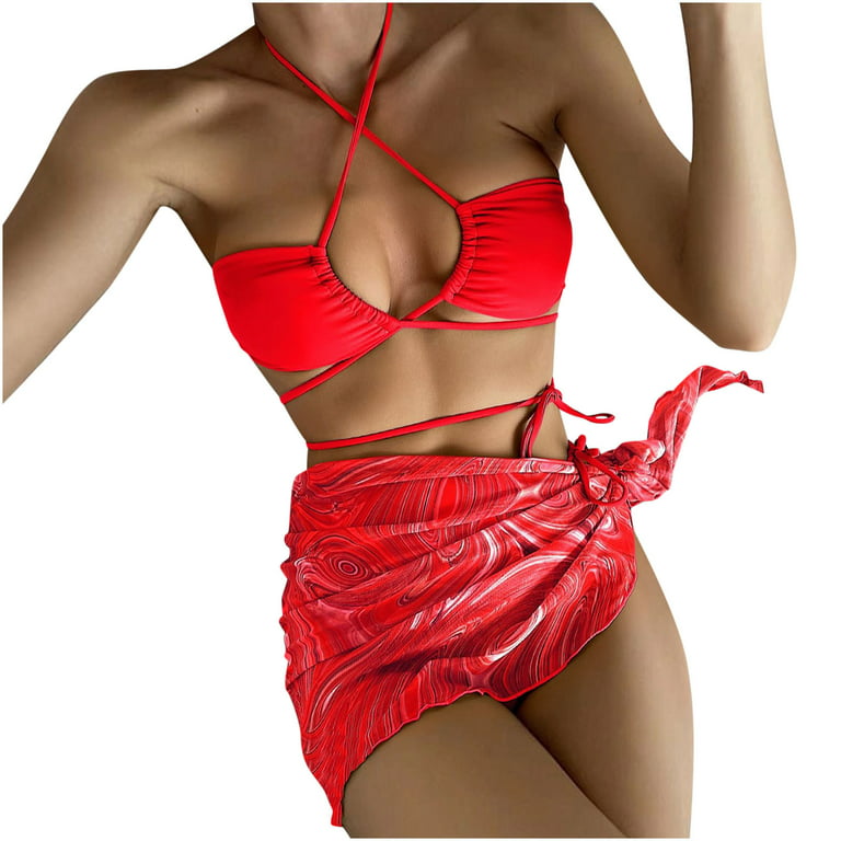 SMihono Women's Costume 3 Piece Bikini Swimsuit Summer Fashion Cozy Outfits  for Girls Apron Ruched Bow Swimwear Sets Solid Color Beachwear Cross Halter  Neck Bathing Suit Leisure Red M 