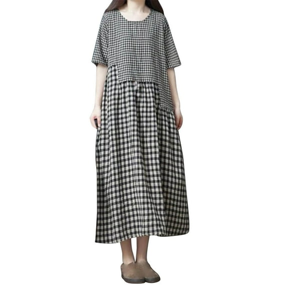 SMihono Women's Cotton Linen Dress Summer Short Sleeve Casual Plaid Flowy A-Line Midi Dresses with Pockets Black L