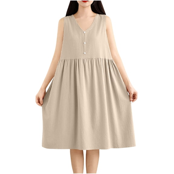 SMihono Women's Cotton Linen Midi Dress Sleeveless Buttons V Neck Summer Beach Sundress Casual Loose Pleated Tank Dress Beige M