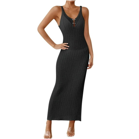 SMihono Women’s Crochet Hollow Out Maxi Dress Sexy Slim Fit Beach Vacation Spaghetti Strap Swimsuit Wrap Cover Ups Black XL