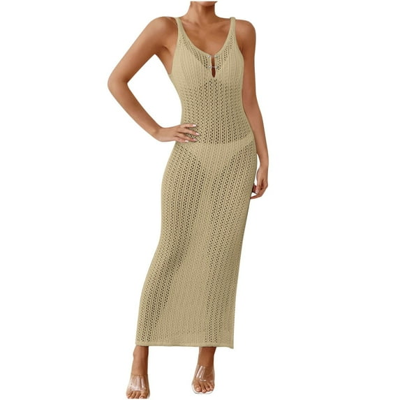 SMihono Women’s Crochet Hollow Out Maxi Dress Sexy Slim Fit Beach Vacation Spaghetti Strap Swimsuit Wrap Cover Ups Khaki M