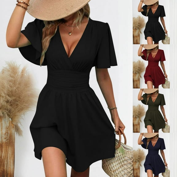 SMihono Women's Deep V Neck Dress Short Sleeve Flowy A-Line Summer Mini Dresses Elegant Wrap Sundress for Casual Party Dark Blue L