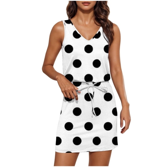 SMihono Women's Drawstring Waist Summer Mini Dress, Loose V Neck Sleeveless Trendy Ploka Dots Tank Dresses with Pockets White L