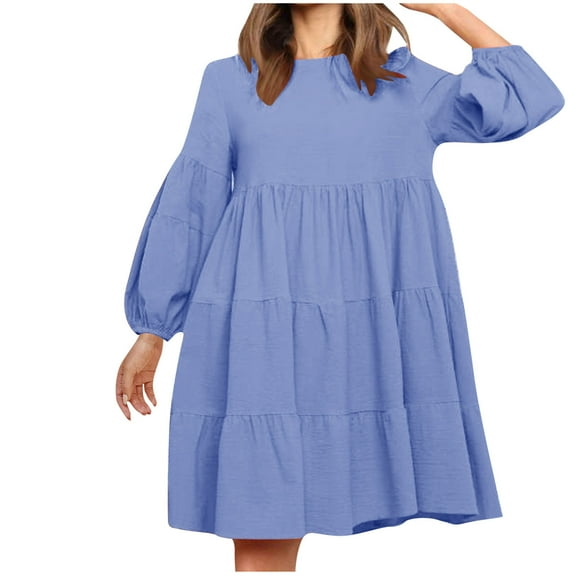 SMihono Women's Dresses 2025 Casual Long Sleeve Crew Neck Tiered Ruffle A-Line Dress Swing Mini Babydoll Dress Blue 4