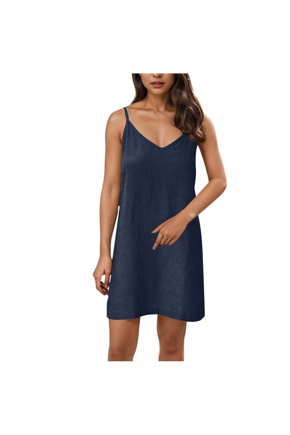 Women's Dresses 2025 Summer Spaghetti Straps Sleeveless V Neck Mini Sundresses Lounge Beach Dress for Teen Girls Navy S
