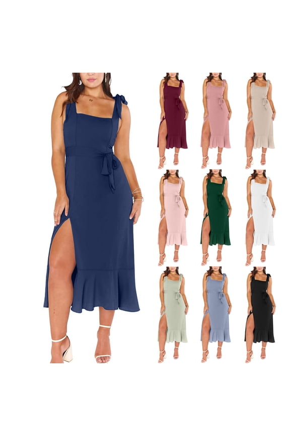 Women's Elegant Bridesmaid Dresses Square Neck Ruffle Split Midi Formal Dress for Wedding Guest Cocktail Party Black L