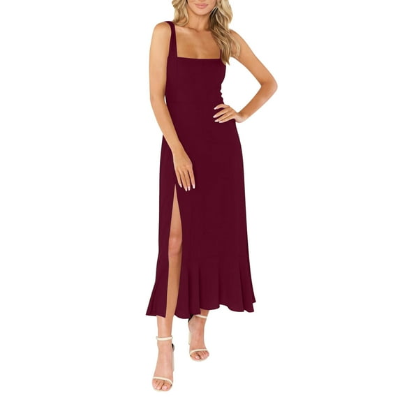 SMihono Women's Elegant Bridesmaid Dresses Square Neck Ruffle Split Midi Formal Dress for Wedding Guest Cocktail Party Wine M