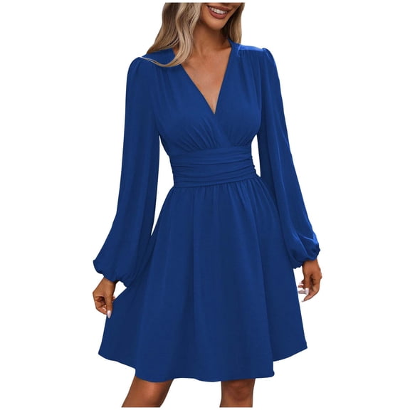 SMihono Women's Elegant Wrap V Neck Lantern Long Sleeve Dress Casual Smocked High Waist Swing A-Line Pleated Knee Length Dresses Blue L