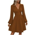 thumbnail image 1 of SMihono Women's Elegant Wrap V Neck Lantern Long Sleeve Dress Casual Smocked High Waist Swing A-Line Pleated Knee Length Dresses Brown S, 1 of 4