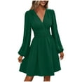 thumbnail image 1 of SMihono Women's Elegant Wrap V Neck Lantern Long Sleeve Dress Casual Smocked High Waist Swing A-Line Pleated Knee Length Dresses Green S, 1 of 7