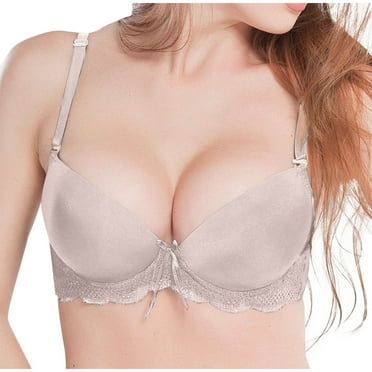 SMihono Women's Everyday Bra Classic Push Up Underwire Everyday Soft Lace Padded Solid Color Bras Cup Lace Pad Gathering Daily Bra Khaki 8