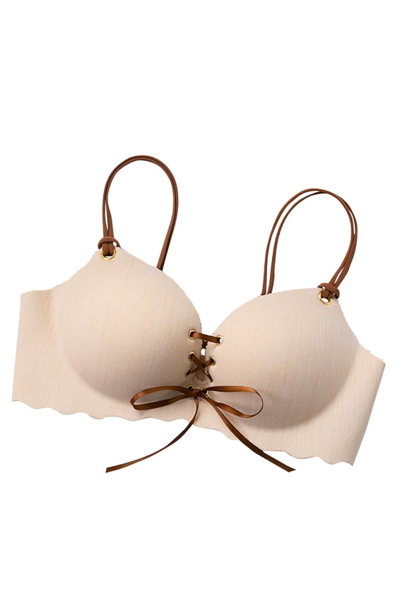 Women's Everyday Bras Front Tie Back Closure Split Straps Thin Breathable Comfortable Wire-Free Bra for Daily Wear Beige 36/80C