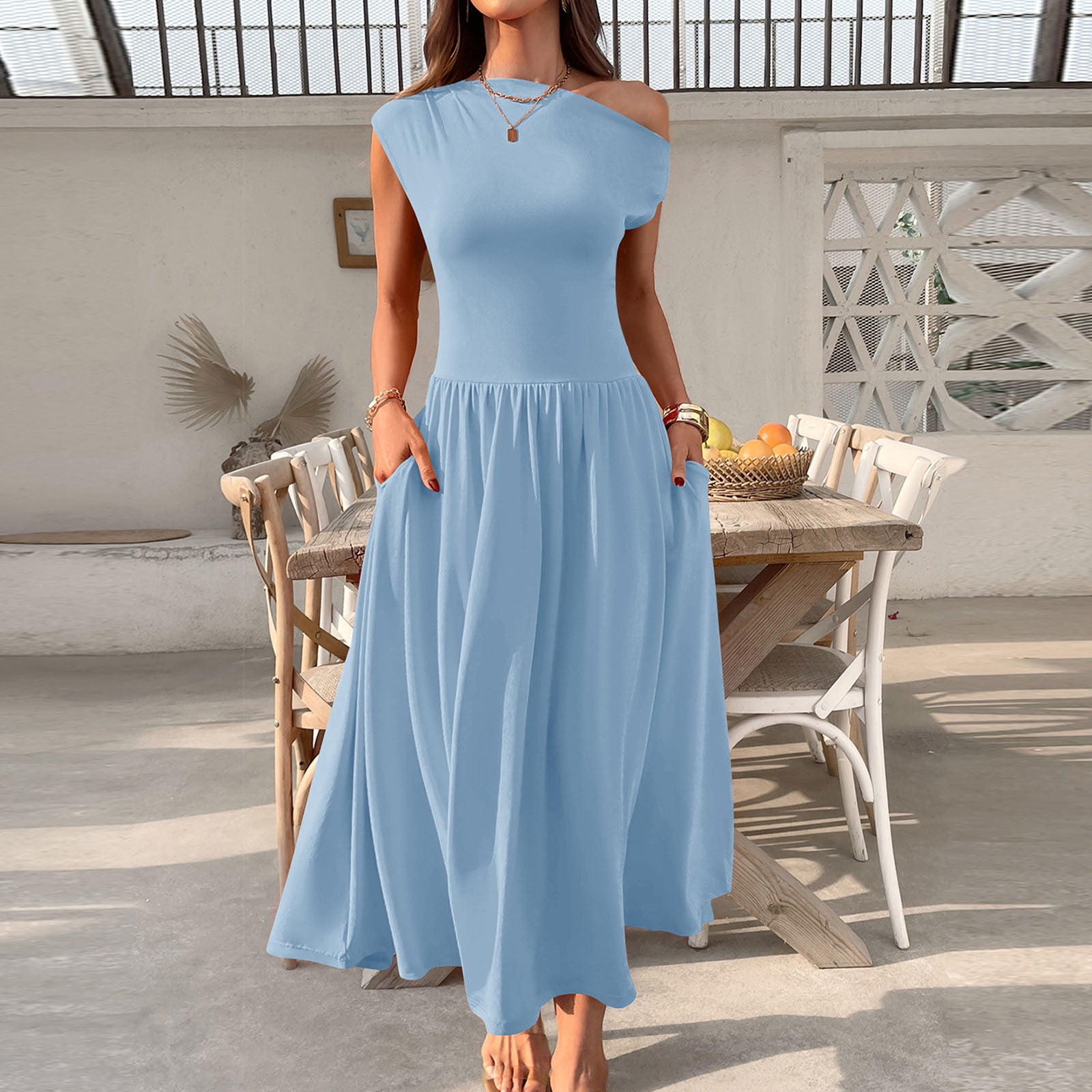 SMihono Women's Fashion Collared Summer Long Dresses Pleated Flowing Hem Loose Maxi Dress Elegant Beach Clothes Sky Blue M