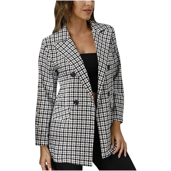 SMihono Women's Fashion Loose Blazer Jacket Elegant Clearance Plaid Business Trendy Work Lapel Collar Office Jacket Buttons Open Front Pocket Balzer Cardigan Long Sleeve Womens Suit Black 10