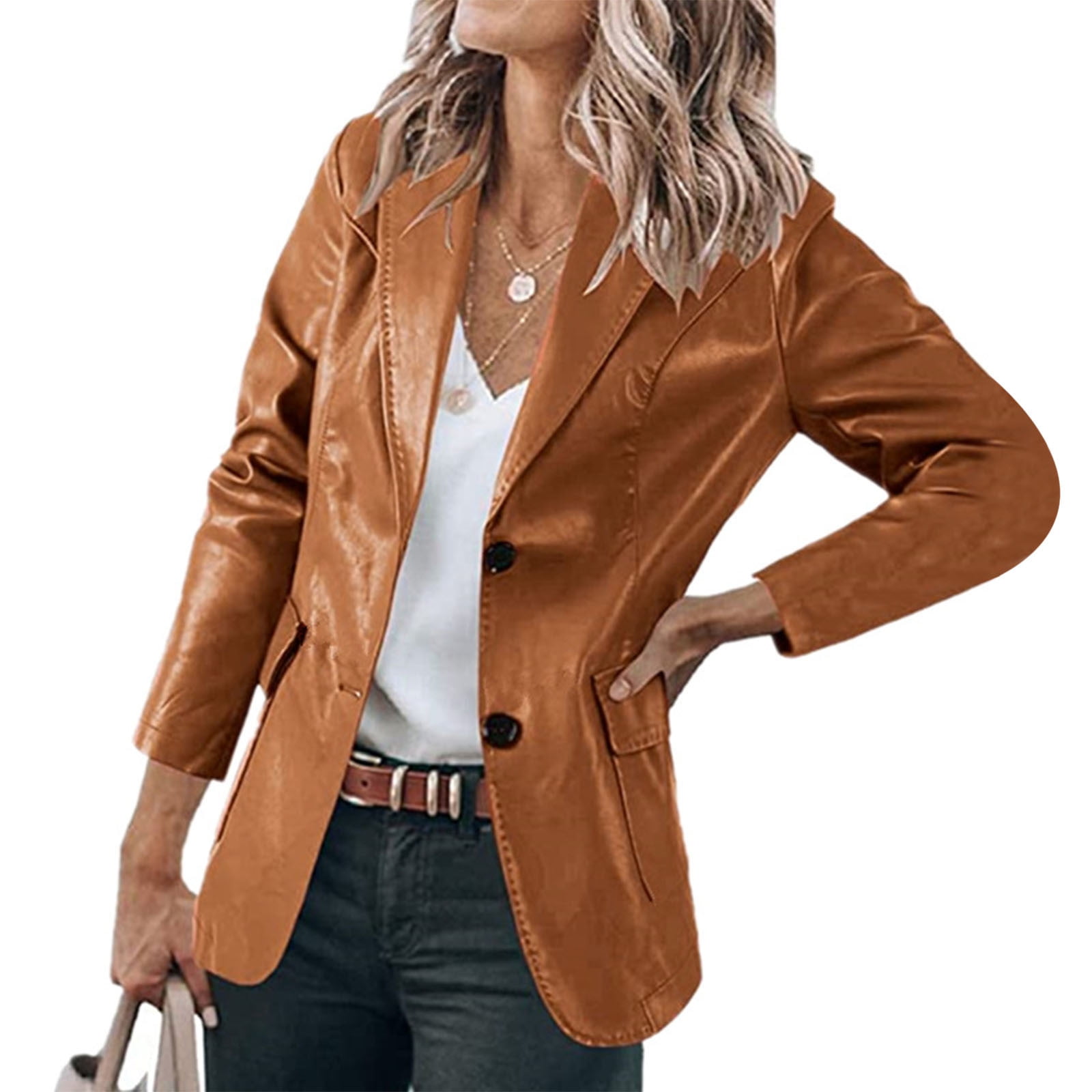 SMihono Women's Fashion Motorcycle Jacket Leather Jacket Coat Clearance  Long Sleeve Womens Suit Slim Solid Business Trendy Work Lapel Collar Office