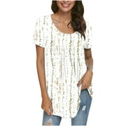 SMihono Women's Fashion Pleated Tunic T-Shirts Flash Pick Summer 2023 Scoop Neck Shirts Comfy Loose Dressy Casual Basics Blouse Short Sleeve Womens Tops Floral Graphic Tees Trendy White 10