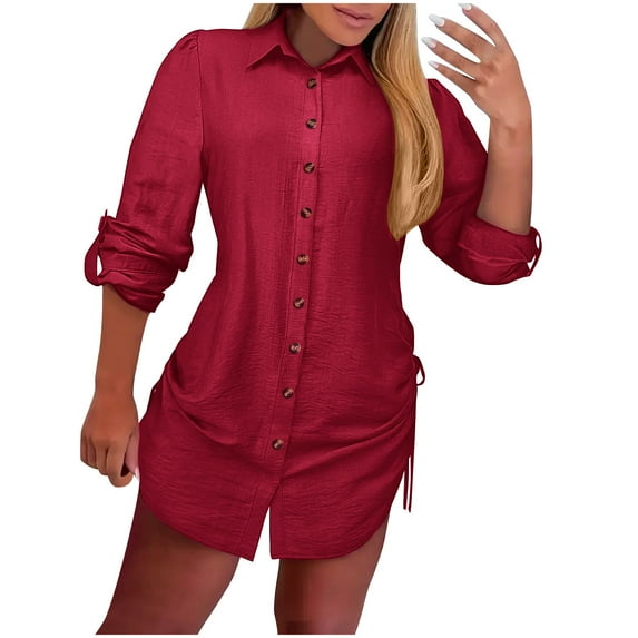 SMihono Women's Fashion Shirts Dresses Casual Button Down Lapel Drawstring Pleated Mini Dress Comfort Lounge Outfits Wine S