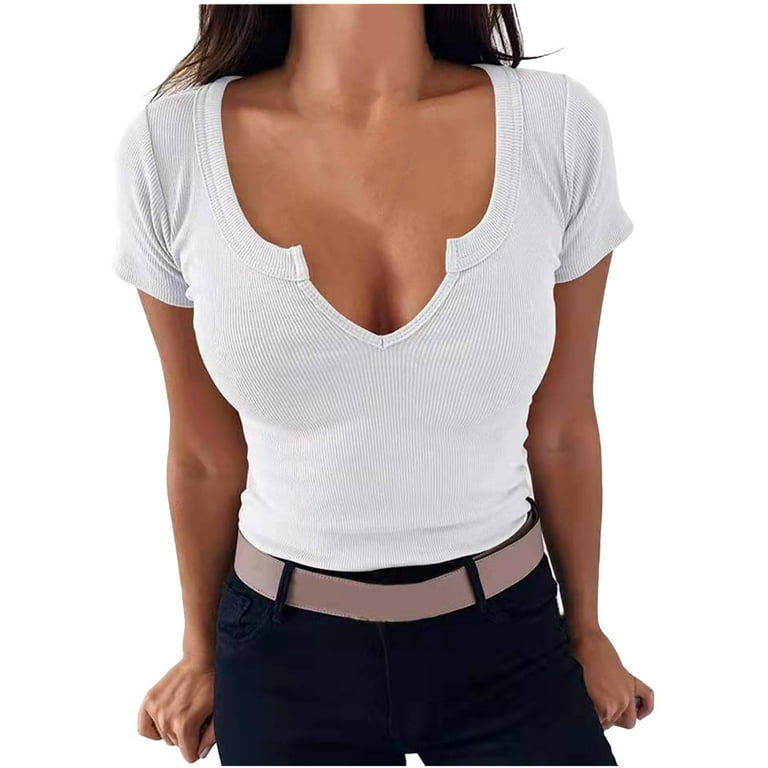 SMihono Women's Fashion Skinny T-Shirts Deals Sexy Split V Neck Shirts Slim  Fit Flowy Casual Dressy Blouse for Women Short Sleeve Womens Tops Solid  Tunic Hide Belly Tees Trendy Summer White 8 