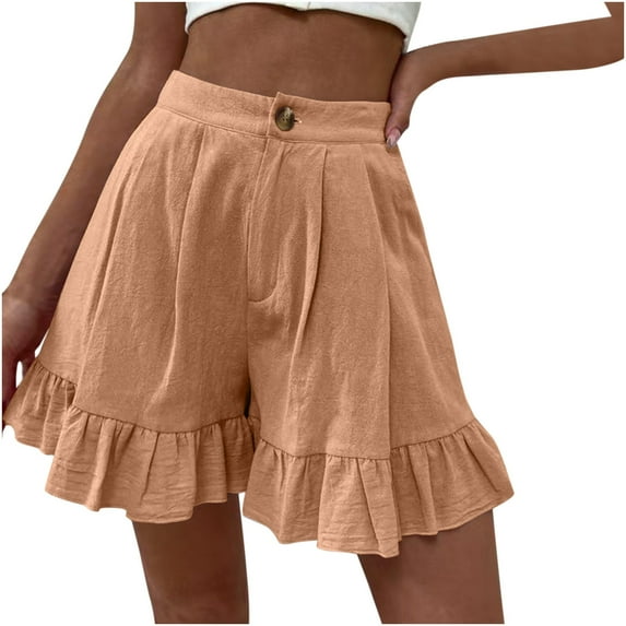 SMihono Women's Fashion Solid Color Casual Wide Leg Ruffle Loose High Waist Shorts Pants Button Ruffled Layer Swing Relax Fit Boho Outfits Baggy Trendy Short Pants Khaki 18