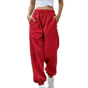 SMihono Women's Fashion Trendy Casual Solid Elastic Waist Full Length Long Pants Trousers Long Straight Pants Trendy Comfy Loose Fit Casual Pants Red 8
