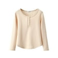 thumbnail image 1 of SMihono Women's Fleece Lined Pajama Tops Thermal Long Sleeve Henley T Shirt Warm Winter Button Up Crewneck Loungewear Tops Beige XXL, 1 of 3
