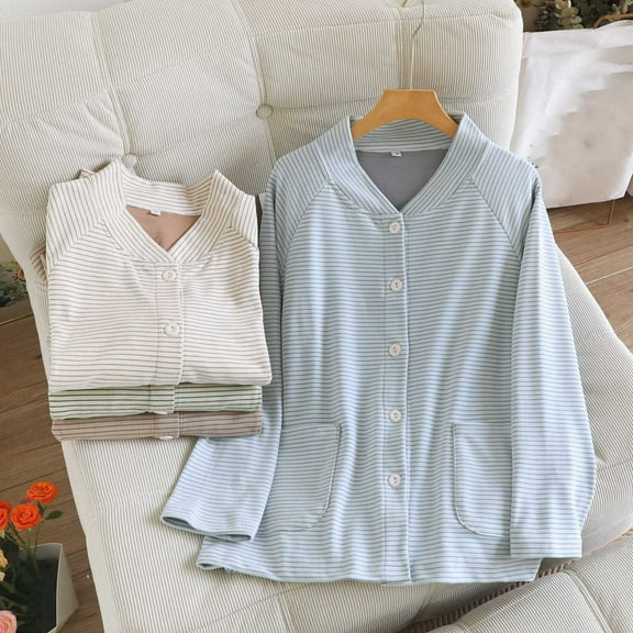 SMihono Women's Fleece Lined Striped Pajama Tops V-Neck Button Down Sleepwear Long Sleeve Warm Thermal Jacket with Pockets Beige M